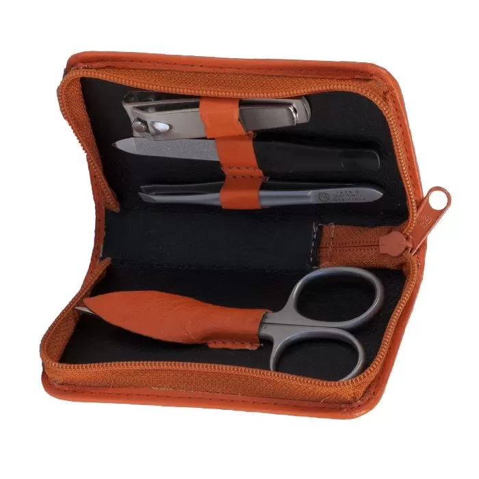 Trousse Manucure 4 pièces Inox en Cuir Orange - Hans Kniebes