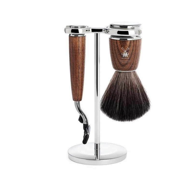 Kit De Rasage Vintage 3 Pièces En Bois - Brosse, Rasoir Et Support - Synthétique - Neuf